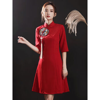 斌可旗袍敬酒服新娘新款夏季小个子红色订婚礼服女日常可穿夏红色s