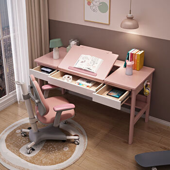 全书桌简约中小学生学习桌可翻盖多功能阅读卧室书桌 粉 白 100单桌