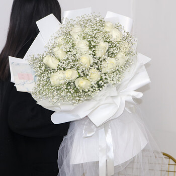 同城上海广州北京深圳全国配生日花 星辰有你19朵白玫瑰满天星花束 不