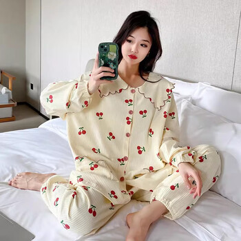 圣曼萱纯棉睡衣女大码200斤胖mm宽松春秋长袖长裤套装全棉家居服加大