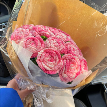 玫瑰花编织花束手工diy材料包钩针毛线花朵成品情人节礼物 粉色段染