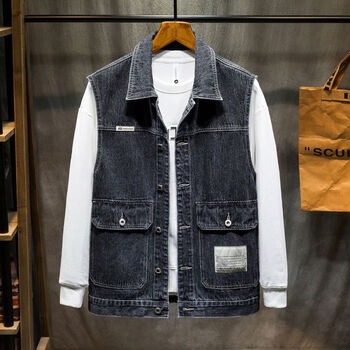 丙伦春秋棉布马甲男士多口袋加肥加大马夹秋冬季男士大码男装牛仔马甲