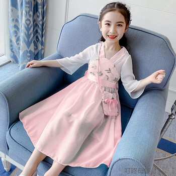 汉服女童连衣裙裙子大童女装中国风童装春夏装裙子12岁粉色荷包束腰