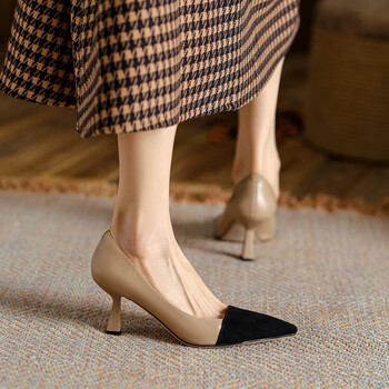 2022春夏季新款浅口单鞋女尖头高跟鞋小香风杏色牛皮女鞋子批发杏色34