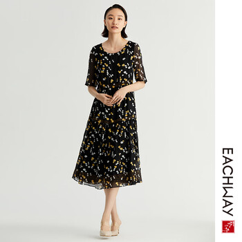 eachway艺之卉2021夏新品真丝金银印花连衣裙娃娃款中长款07黑色s
