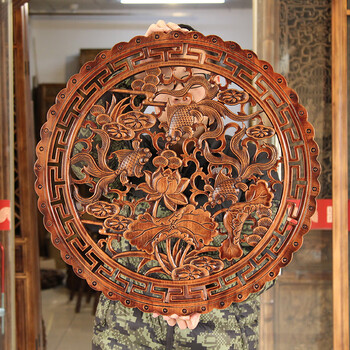 木驴木雕东阳木雕挂件58厘米玄关福字实木香樟木圆形壁挂玄关客厅 连