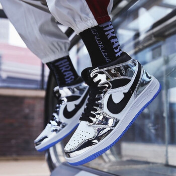 鞋秋冬新款时尚高帮板鞋保暖棉鞋aj运动潮鞋情侣款学生鞋银色单鞋36