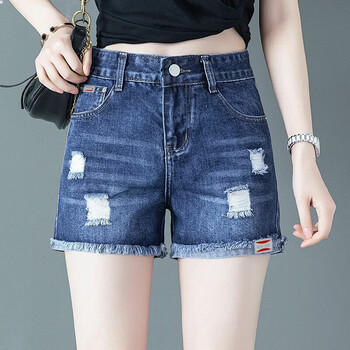 拉夏贝尔五分牛仔短裤女夏季薄款破洞女裤高腰显瘦宽松直筒阔腿中裤