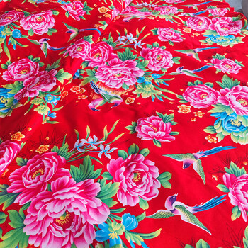 天晓 东北大花布老式被子纯棉被套布料被面大红牡丹传统包边棉被结婚