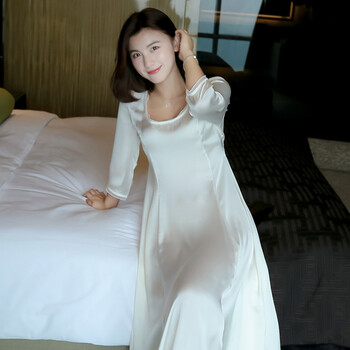 新款真丝睡裙女士桑蚕丝中袖宫廷睡衣花边性感家居服进店领券 白色