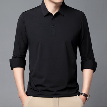 高弹男士t恤春秋新款中年商务长袖翻领爸爸装t恤舒8600黑色185xxxl