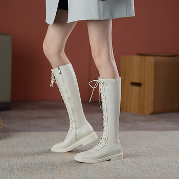 骑士靴2022年新款软皮白色靴子女士前绑带高筒靴秋冬季加绒长靴女生