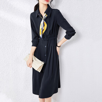 尚都比拉收腰衬衫领连衣裙女中长款春季气质时尚压褶通勤裙子121l39