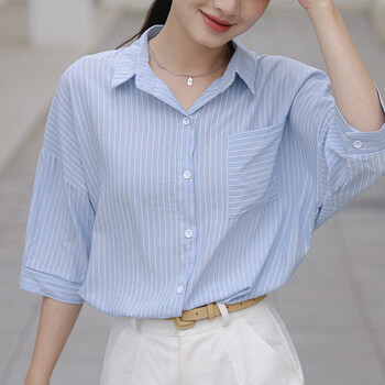 芬佧宾feoncabn春夏款条纹短袖衬衫女宽松休闲通勤职业气质百搭衬衣sw