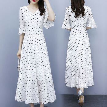 dicify新品抽绳碎花短袖裙波点雪纺连衣裙夏季2022新款短袖长款遮肚