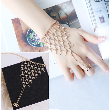 珀芙诺韩国水晶钻连戒指一体手背链手链新娘结婚伴娘首饰表演饰品夸张