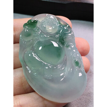 绿翠天成翡翠冰种飘花布袋佛吊坠缅甸a货翡翠送礼送老婆生日礼物女款
