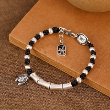 竹节知了编织手绳如意福牌百搭款女士手链 黑绳款【图片 价格 品牌