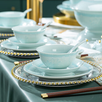 涌晟 餐具景德镇高档套装家用现代轻奢 高温白瓷高岭土釉下彩碗盘碗碟