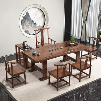 墨绩茶台桌新中式实木大板茶桌办公室功夫茶桌椅组合简约茶几一 平板