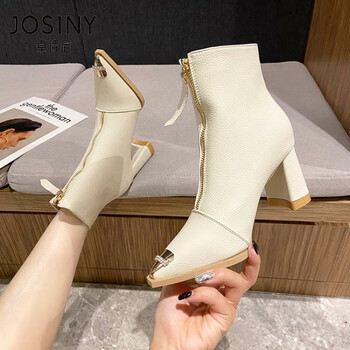 卓诗尼短靴女金属尖头粗跟瘦瘦靴2023年秋冬新款前拉链高跟鞋气质时装