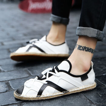 霭风渔夫鞋 男夏季透气帆布鞋亚麻草编渔夫鞋男鞋 白色 42