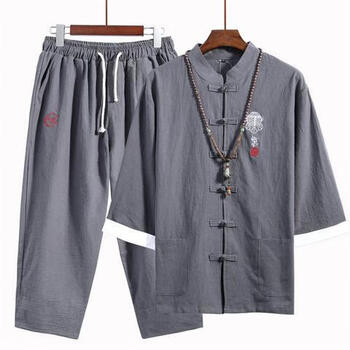 麻料麻布衣服男套装麻男士一套夏季大码胖子男装中国风汉服男麻七分袖