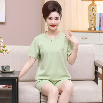 浪莎(langsha)睡衣女夏季妈妈纯棉薄款短袖短裤套头大码套装中老年人