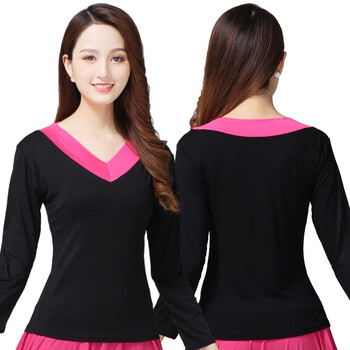 中老年广场舞服装女v领上衣莫代尔t恤跳舞衣服舞蹈长袖练功服单v领黑