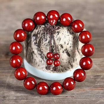 韩生生红色手串木头印度108颗鸡血红原木佛珠念珠男女情侣款20mm12颗