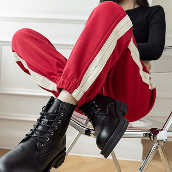 抽绳运动裤女2022网红春秋新款宽松韩版显瘦哈伦卫裤束脚休闲裤子红色