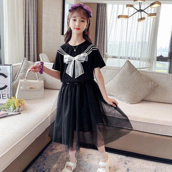 3-6-12岁女孩子夏天穿的裙子套装 夏季装新款中大童蝴蝶结短袖半身