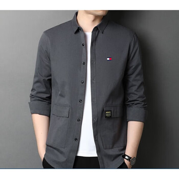 tommyjeans汤米棉质衬衫男士长袖春秋季衬衣衬衫薄外套男装上衣灰色m