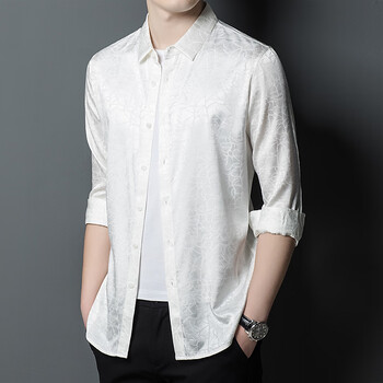 吻痕桑蚕丝长袖衬衫男时尚印花薄款真丝衬衣男士春秋季中年休闲上衣潮