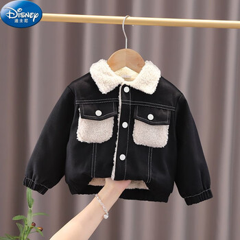 儿童洋气加厚夹克上衣小童秋冬装宝宝百奈斯毛毛口袋加绒外套黑色80cm