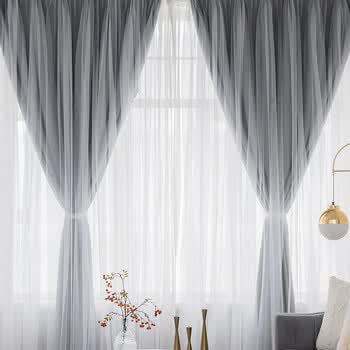 窗帘遮光隔热防晒全遮阳布挂钩式卧室纱帘简约北欧风绿灰高精密带纱全