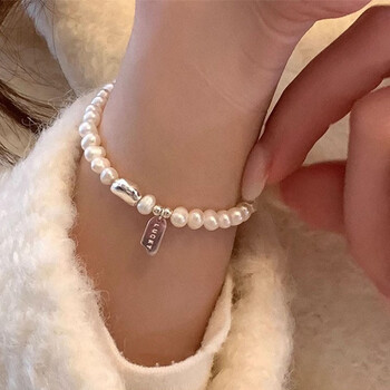 s925银lucky方牌淡水珍珠手链女ins简约百搭碎银子幸运豆豆手饰珍珠