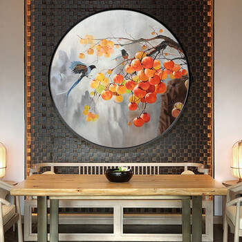 墨派手绘油画玄关装饰画圆形事事如意手工新中式花鸟工笔画客厅沙发