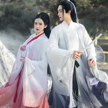 汉服长相思魏晋中国风男女情侣古装竹鹤印花交领齐腰套装春夏两岸花男
