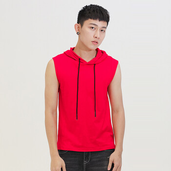 2022夏季新品无袖连帽男士t恤棉健身运动背心汗衫坎肩纯色衣服 红色 m