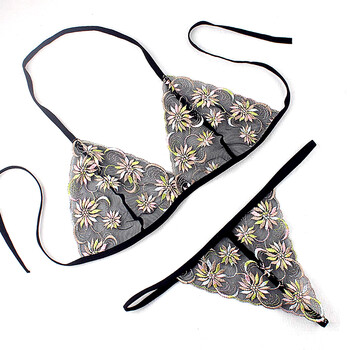 珂梵图性感三点装透明衣文胸套装三点刺绣薄款诱惑新品 金黑色 均码