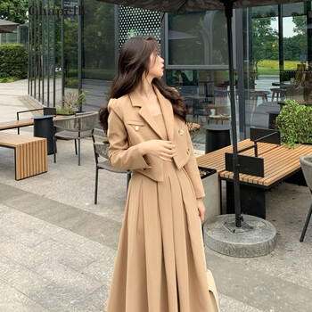 外套女2021年早秋新款小个子中长连衣裙两装时尚官方专柜女装卡其色