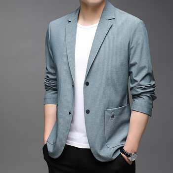 西装男士春秋季薄款韩版潮流条纹时尚小西服商务便西浅蓝色165s适合