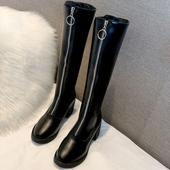 马靴女长靴后高跟靴加绒保暖高筒女靴子骑士靴绑带长筒米色马丁靴