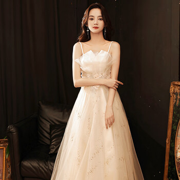 学校成人礼服女18嵗礼服学生香槟色宴会晚会气质生日礼主持人艺考吊带