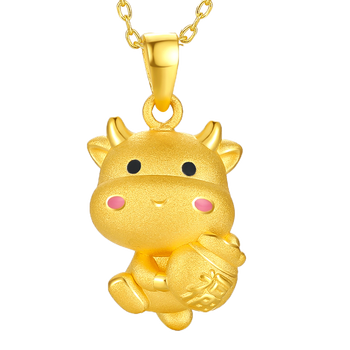蓓影黄金吊坠足金999生肖牛吊坠黄金项链小金牛抱福牛本命年转运珠