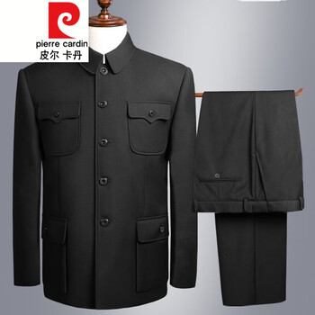 中山装男士中老年套装国民中式爷爷中山服爸爸装翻领军便外套针织哔叽