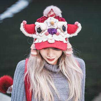 芽小七国潮醒狮帽 谢楠同款中国风醒狮舞狮虎头棒球女遮阳鸭舌帽子