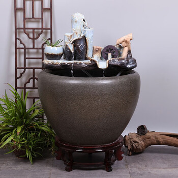 示优大型陶瓷鱼缸客厅阳台办公室落地家用循环流水摆件庭院大金鱼缸 j