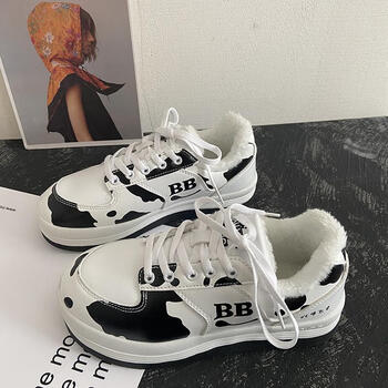 佐挲小白鞋女秋冬2023新款加绒棉鞋可爱奶牛鞋丑萌大头鞋学生休闲板鞋